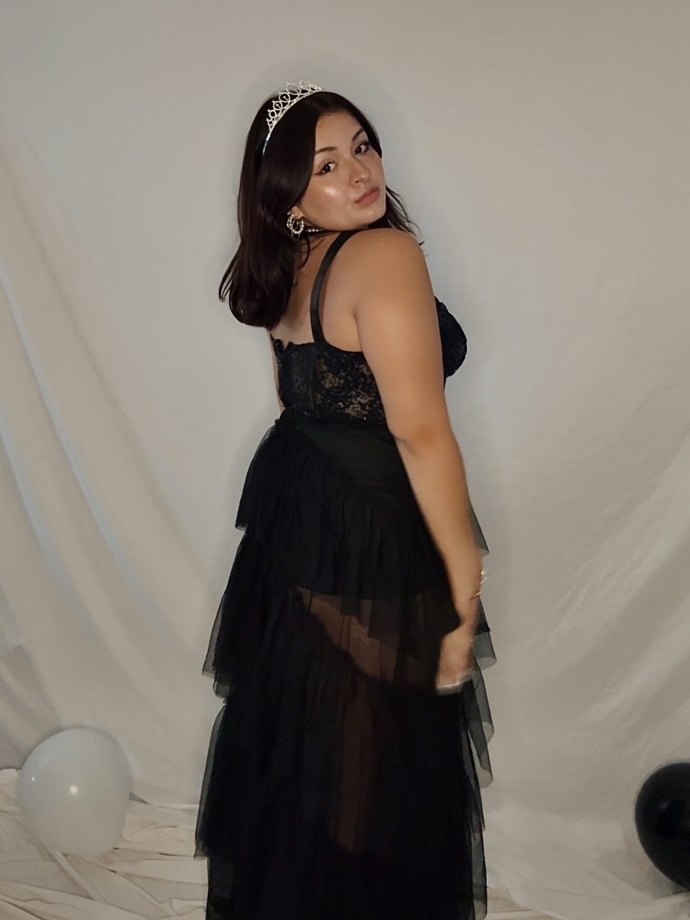 Black Lace & Tulle Tiered Evening Dress